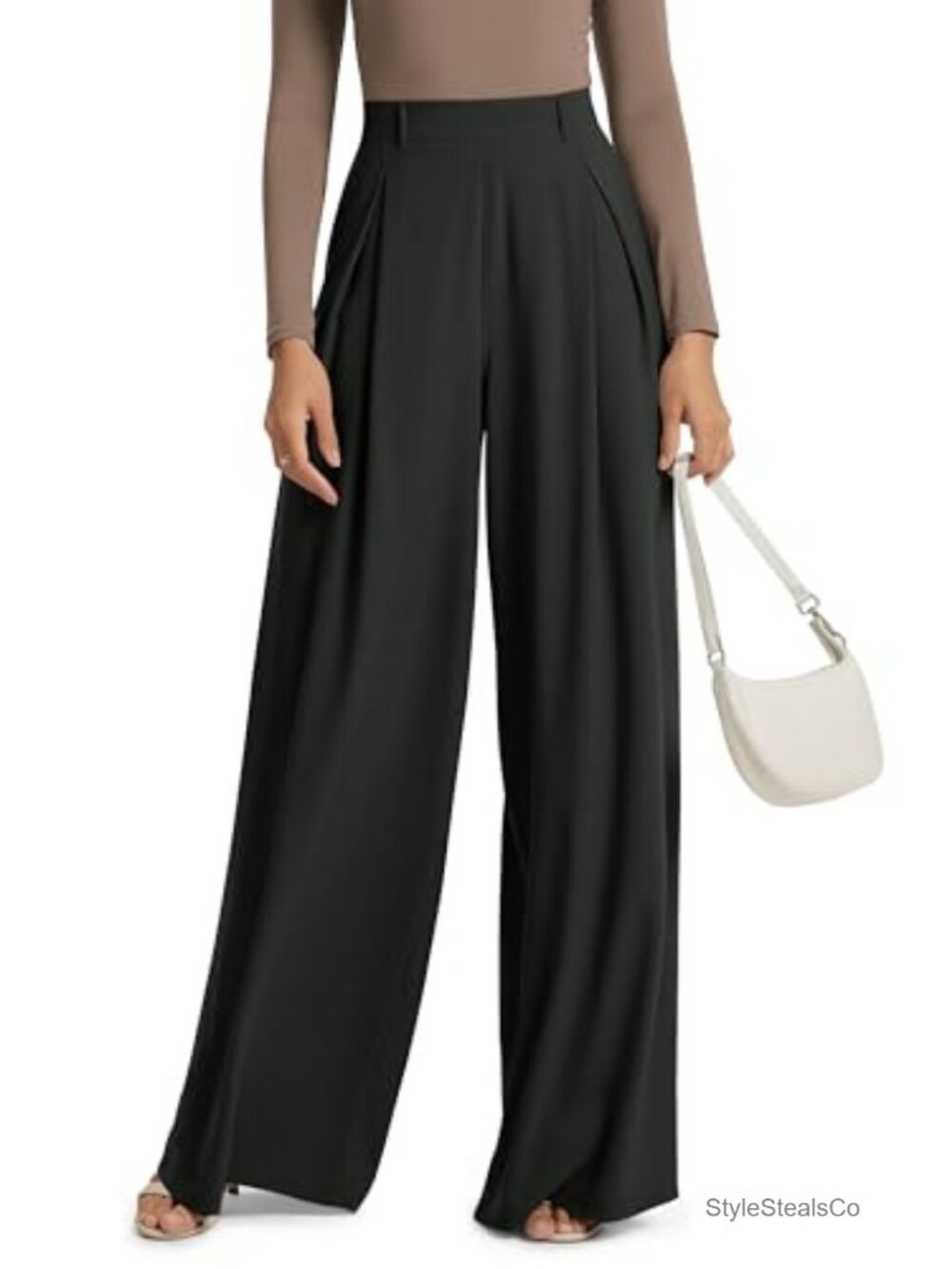 High Waist Wide Leg Pants Women Pleated Flowy Trousers with Pockets 100%